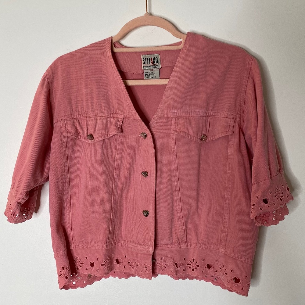 VINTAGE Pink 100% Cotton Cropped Short Sleeve Eyelet Heart Button Jacket Large